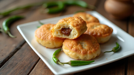 Savory Filled Pastries with Green Chilies - Rustic Food Photography on Wooden Table