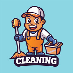 Cartoon Mascot Character Illustration of a Cleaning Robot with Character