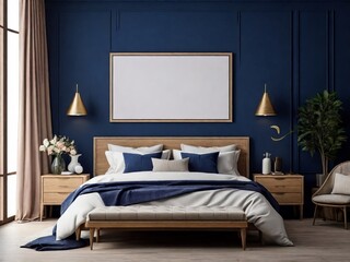 Modern bedroom interior with wooden bed and navy decor.