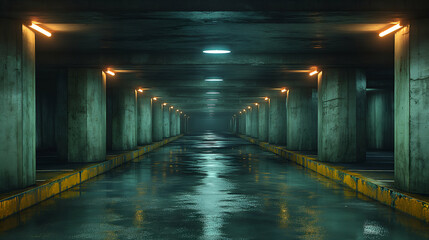 Fototapeta premium Moody Parking Garage Wet Floor Night Scene, Teal Lights for Urban Industrial Design