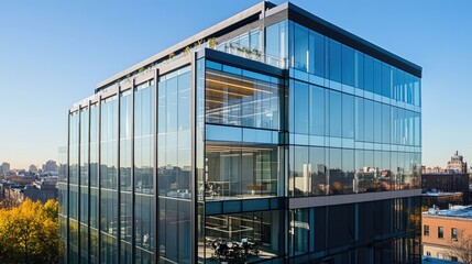 Obraz premium Modern Glass Office Building with City Skyline Reflections