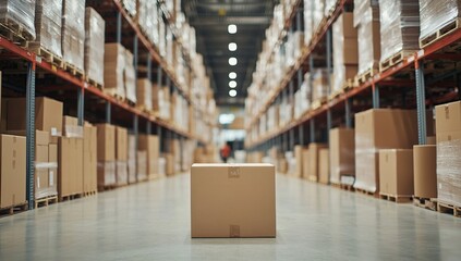 Warehouse Inventory: Cardboard Boxes Stacked High in Rows, Efficient Logistics and Storage Solutions.