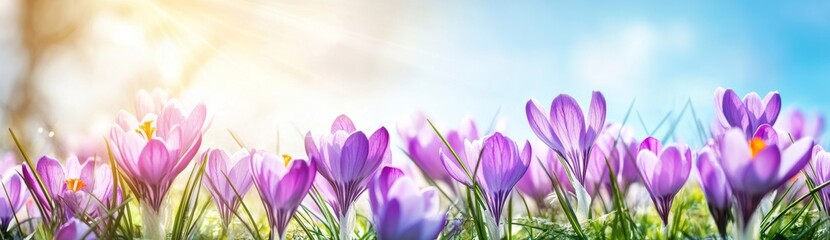 Fototapeta premium Colorful purple crocuses in the grass on a spring background with a blue sky and sun rays. 
