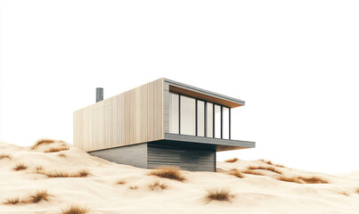 a modern minimalist house located among sand dunes. The house is made in the style of modern architecture, with clear geometric lines,  