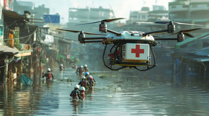 A futuristic drone delivering emergency medical aid, hovering over a flooded area, rescue teams below