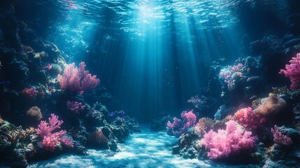 Obraz premium Beautiful underwater background with a coral reef and sun rays.