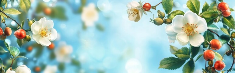 Obraz premium White wild rose flowers on a blue sky background, with a banner and copy space. Spring background.