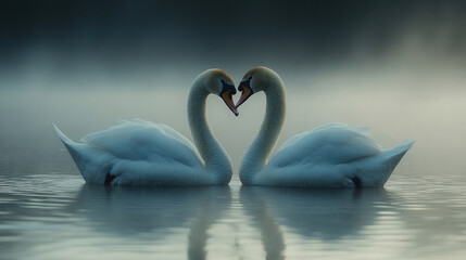 Fototapeta premium two swans on the water, their necks bending to form a heart, symbolizing love and harmony. 