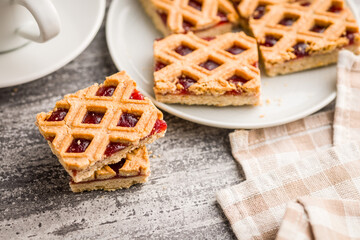 Sweet linzer cake on kitchen table.