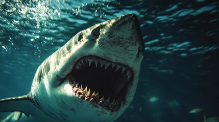 Fototapeta premium Shark with open mouth and sharp teeth, ocean background, underwater photography.