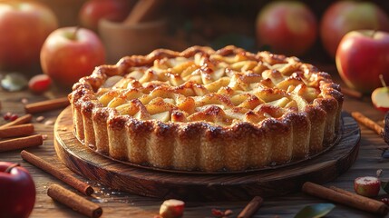 Autumn apple pie on wooden board, with apples and cinnamon, sunny day background. Use Baking, food, dessert