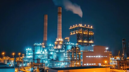 Illuminated Industrial Complex at Night with Smoke Plumes