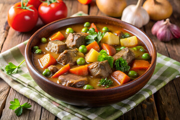 Beef Stew with Vegetables and Rice in a Bowl