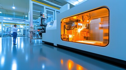 Advanced manufacturing machine engaged in a precision laser cutting procedure