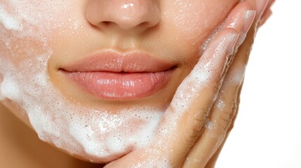 A person washing their face with foamy cleanser bubbles
