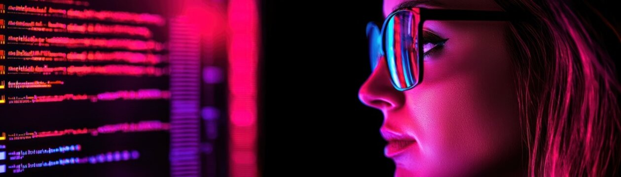A woman wearing glasses looking at lines of computer code
