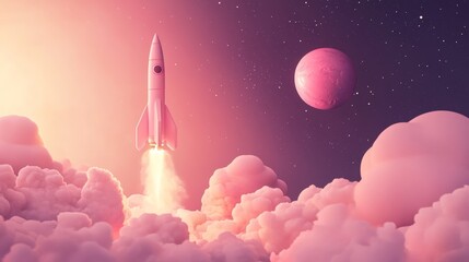 Obraz premium Rocket launching through pink clouds towards a distant planet in starry sky. Space travel theme