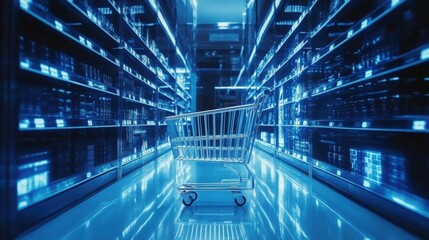 Obraz premium Empty Shopping Cart in Futuristic Digital Supermarket Aisle