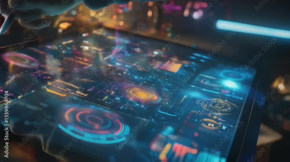 Poster software engineer developing new user interface on a futuristic holographic computer, touching the v