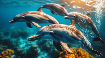 Fototapeta premium Three dolphins swimming in the ocean underwater.