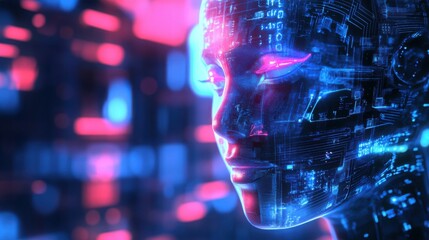 Futuristic AI Cyborg Woman Face Digital Art Neon Lights Abstract Technology Background