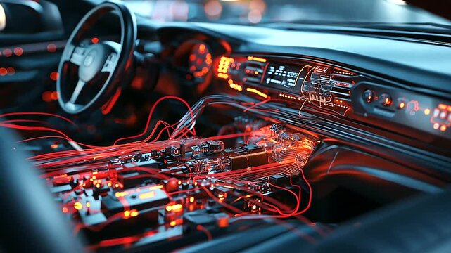 Complex automotive wiring system with CAN bus networks and high-voltage power lines visible