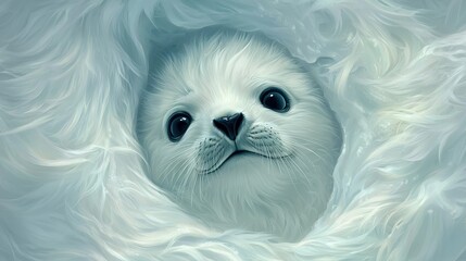Obraz premium A fluffy white seal pup with curious black eyes peers