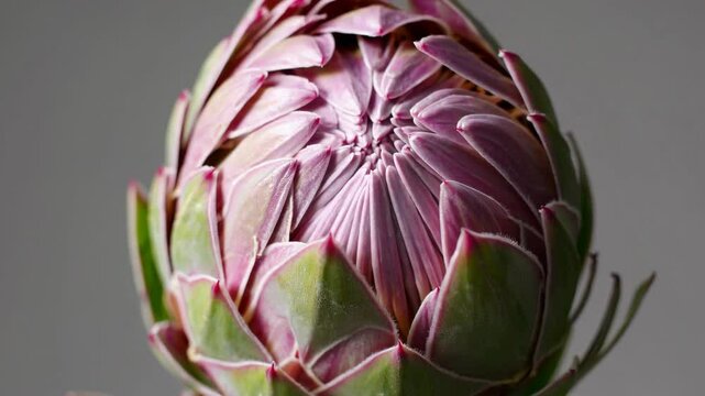 King protea flower gradually unfolding delicate pink and purple petals, revealing intricate botanical details against minimalist gray studio background