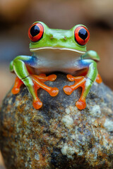 Fototapeta premium Red-eyed frog in close-up, sitting on top of a rock