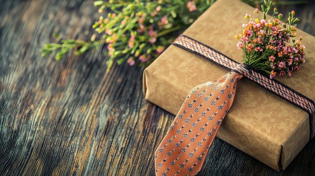 Father's Day scene with a gift box, elegant tie, and a small bouquet, set on a textured wooden table, soft shadows, warm earthy hues