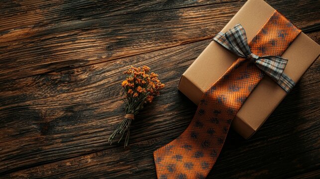 Father's Day scene with a gift box, elegant tie, and a small bouquet, set on a textured wooden table, soft shadows, warm earthy hues