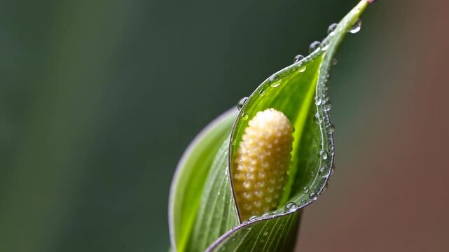 Delicate arum lily emerging, revealing intricate white petals and vibrant green leaves, capturing botanical beauty during blossoming process