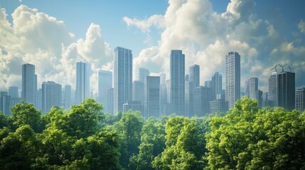 Obraz premium Modern City Skyline with Lush Green Trees and Wind Turbines Sustainable Urban Landscape