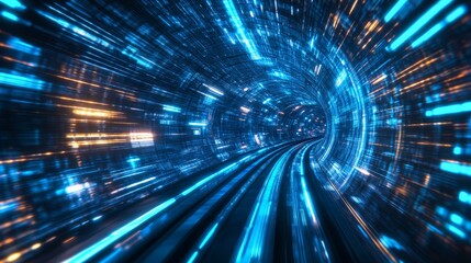 High-speed train tunnel in motion, illuminated with blue lights and holographic wireframe lines. High-speed travel concept.
