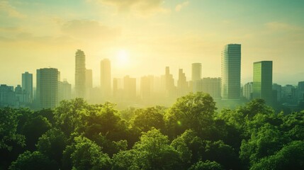 Lush Green City Park Skyline at Sunrise Urban Nature Harmony