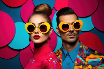 A stylish young man and woman in funky round sunglasses, vivid pop art design, electric neon hues