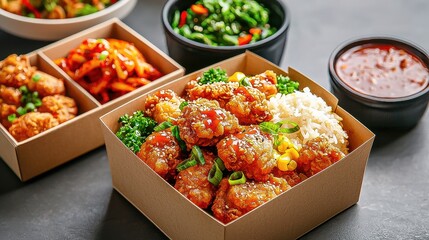 Takeout from Restaurant Packaged in Box Containers  Seafood and Chicken Meals
