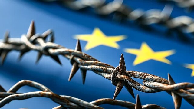 A symbolic image of the EU flag tightly wrapped in spiked barbed wire, emphasizing economic blockades, trade restrictions, and political struggles.