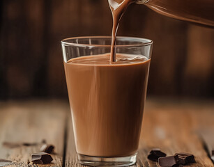Chocolate milk being poured into the glass.