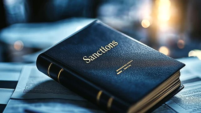 A heavy, dark leather book labeled Sanctions sits under dim lighting, surrounded by legal documents and financial reports, symbolizing regulatory constraints.