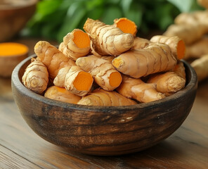 Close up raw turmeric roots in wooden bowl on wooden table.
