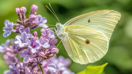 Elegant butterfly perched on blooming lilac in sunlight. concept of nature beauty, tranquil garden scenes, pollination, springtime. Spring flowers