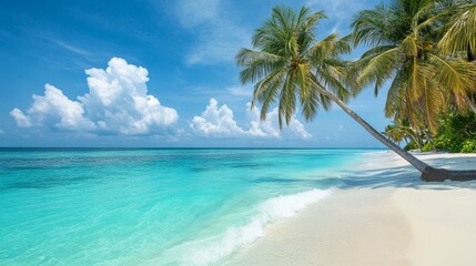Photograph of the tropical beach with palm trees and turquoise sea water, a summer vacation background.