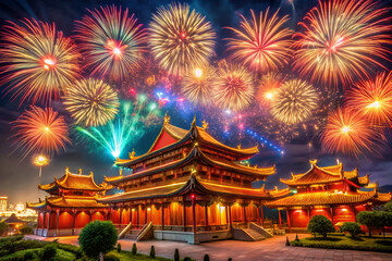 Obraz premium Chinese New Year Fireworks Over Ancient Chinese Architecture