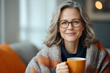 A cheerful senior woman enjoying a warm drink while wrapped in a cozy blanket, radiating comfort and happiness in a modern, inviting living space.