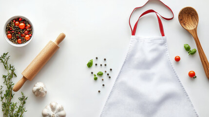 Top down view of neatly folded apron with wooden utensils and fresh ingredients on white background. concept of culinary preparation, kitchen organization, home cooking. Copy space