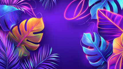 Vibrant neon tropical leaves with colorful lighting. concept of nature, exotic flora, bright colors, futuristic design, summer vibes. Copy space
