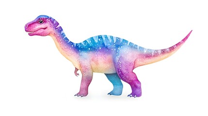 A vibrant watercolor painting of a friendly pastel rainbow colored dinosaur standing against a white background.