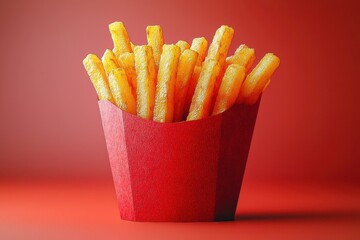 French Fries in Red Bucket Snack Fast Food Finger Chip Treat