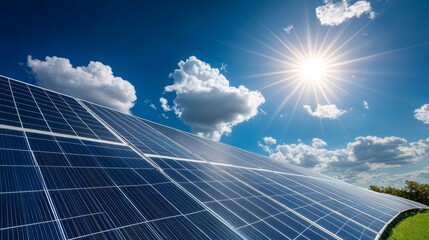Solar panels against a blue sky with sun and clouds.